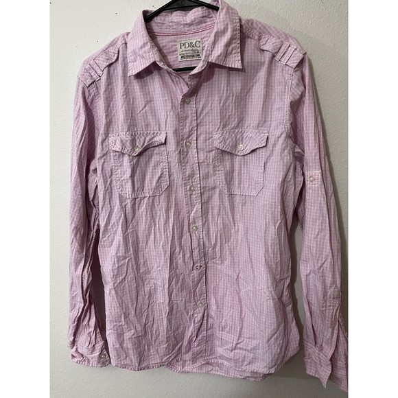PD&C Shirt Mens Medium Pink White Check Roll Tab Long Sleeve Casual Button Up - Picture 1 of 5